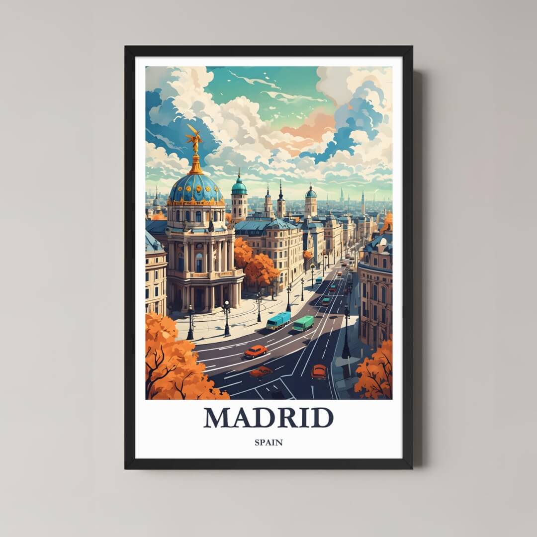 A framed, vibrant illustration of the Madrid city center with the Cibeles Palace and blue dome, featuring a dynamic street view and a black frame.