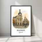 Framed art print of the iconic Metropolis Building on Gran Vía in a sleek black Ayous wood frame. Ideal for luxury Spanish or urban decor.