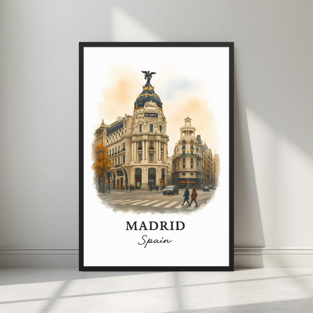 Framed art print of the iconic Metropolis Building on Gran Vía in a sleek black Ayous wood frame. Ideal for luxury Spanish or urban decor.
