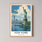 A framed illustration of the New York scene with a rustic red oak wood frame, highlighting the blue skies and green statue.