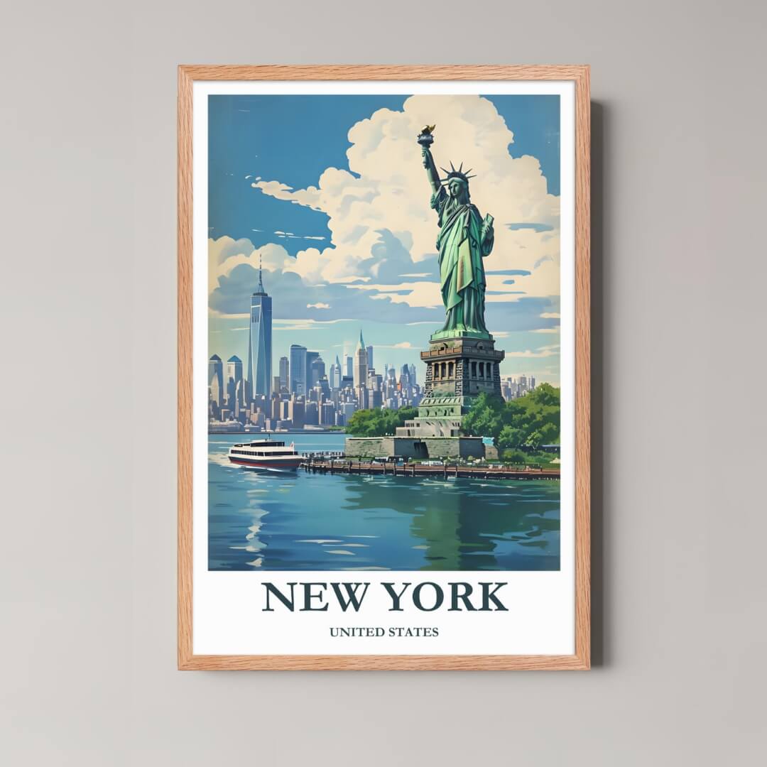 A framed illustration of the New York scene with a rustic red oak wood frame, highlighting the blue skies and green statue.