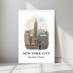 Watercolor-style print of the towering NYC cityscape in a minimalist white frame. Captures the bold, architectural dynamism of the city.