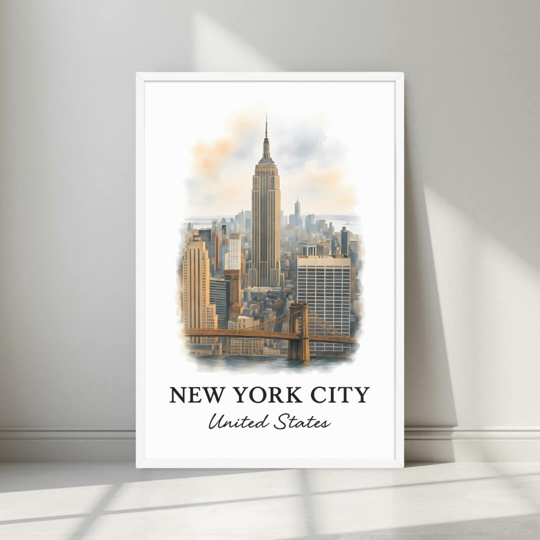Watercolor-style print of the towering NYC cityscape in a minimalist white frame. Captures the bold, architectural dynamism of the city.