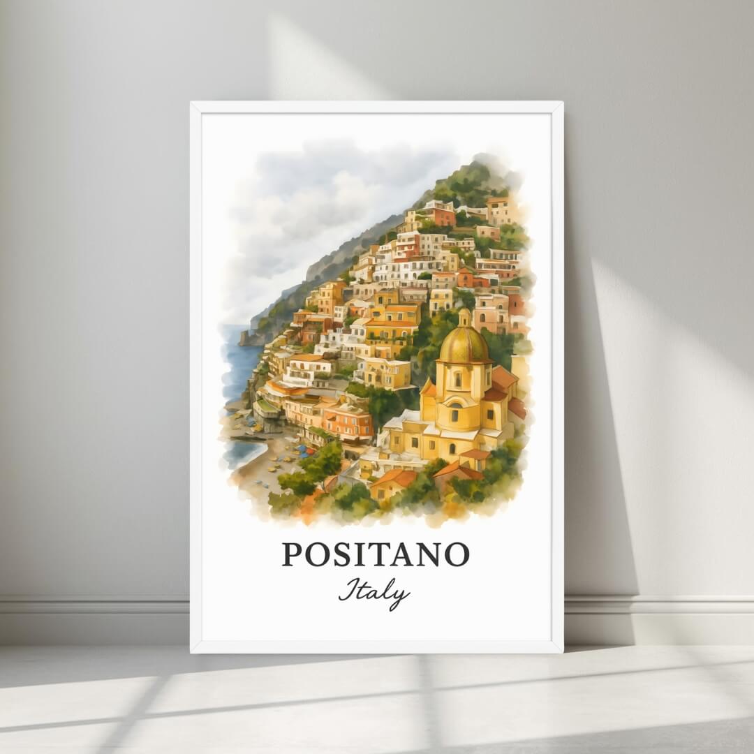 Watercolor-style print of the dramatic Positano coastline and colorful houses in a minimalist white frame. Captures the serenity of the Amalfi Coast.