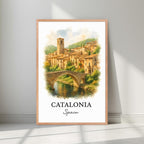 Framed medieval bridge art in a natural Red Oak wood frame. Emphasizes the warm, earth-toned colors of the Spanish stone and hills.