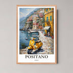 A framed illustration of the Positano scene with a rustic red oak wood frame, highlighting the warm yellow buildings and cobblestone path.
