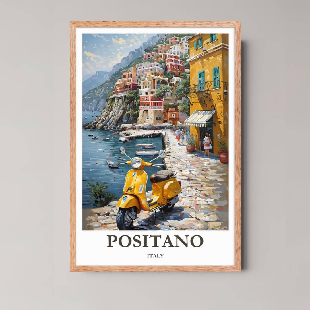 A framed illustration of the Positano scene with a rustic red oak wood frame, highlighting the warm yellow buildings and cobblestone path.