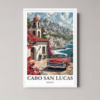 A framed art print of the Cabo San Lucas illustration with a minimalist white frame, ideal for a clean, coastal-themed room.