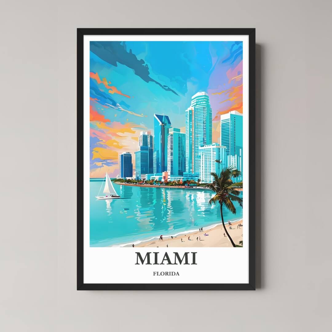 A framed, vibrant illustration of the Miami skyline from the beach with a palm tree, featuring bright blues and pinks, and a black frame.