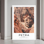 A framed wall art print of The Treasury and surrounding rock formations with a minimalist white frame.