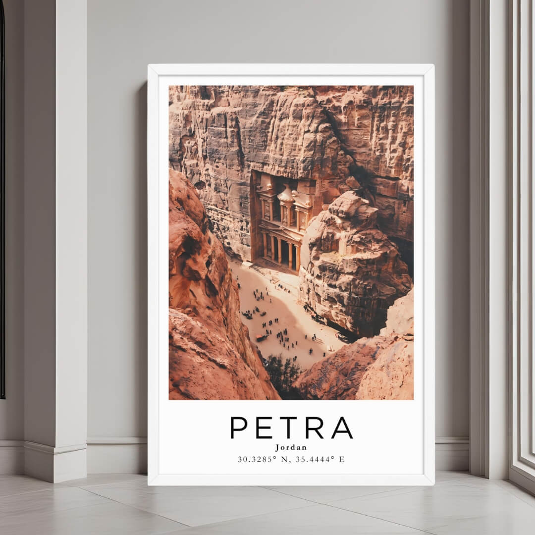 A framed wall art print of The Treasury and surrounding rock formations with a minimalist white frame.