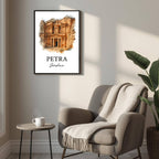 Framed Petra Treasury print displayed as part of a curated global gallery wall. Shows seamless integration into luxury decor collections.