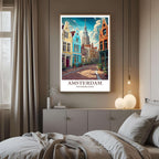 A framed art print of the Amsterdam cityscape decorating a bedroom wall, creating a peaceful and luxurious atmosphere.