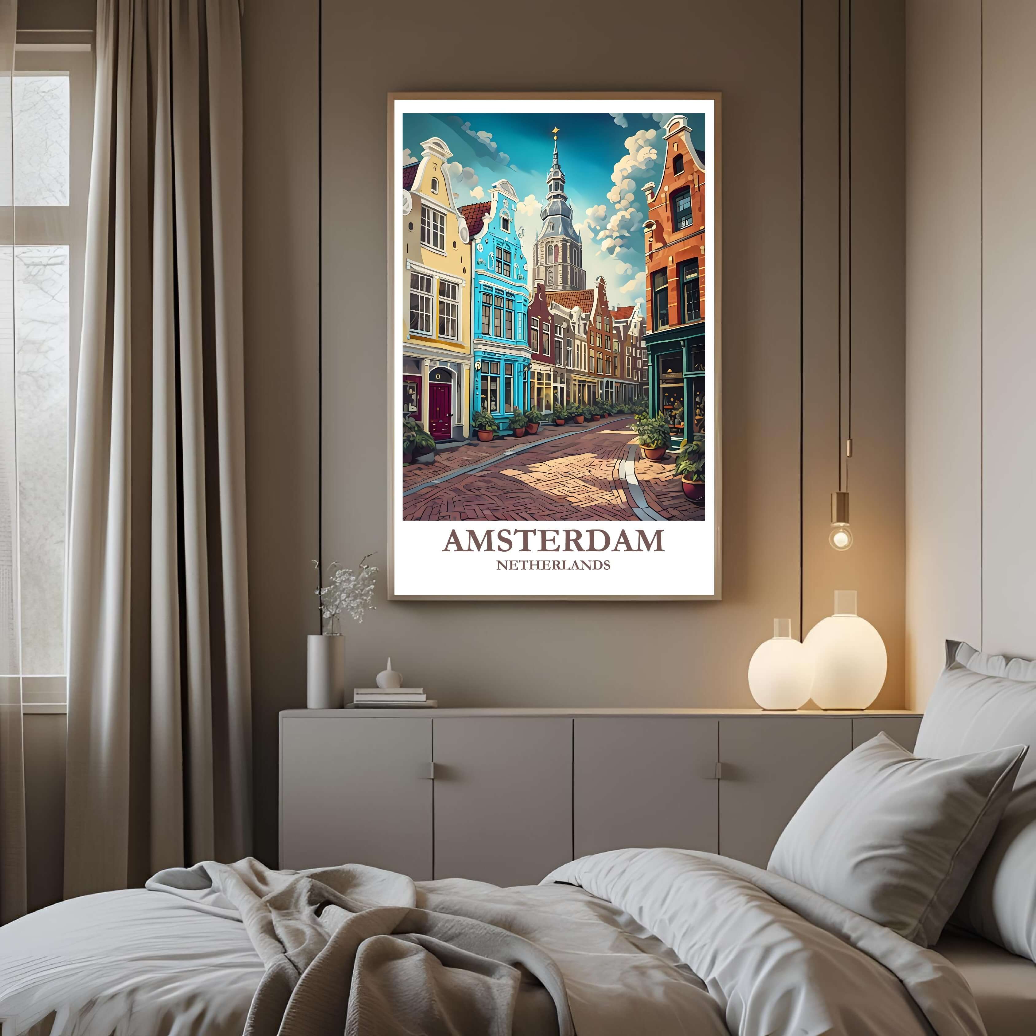 A framed art print of the Amsterdam cityscape decorating a bedroom wall, creating a peaceful and luxurious atmosphere.