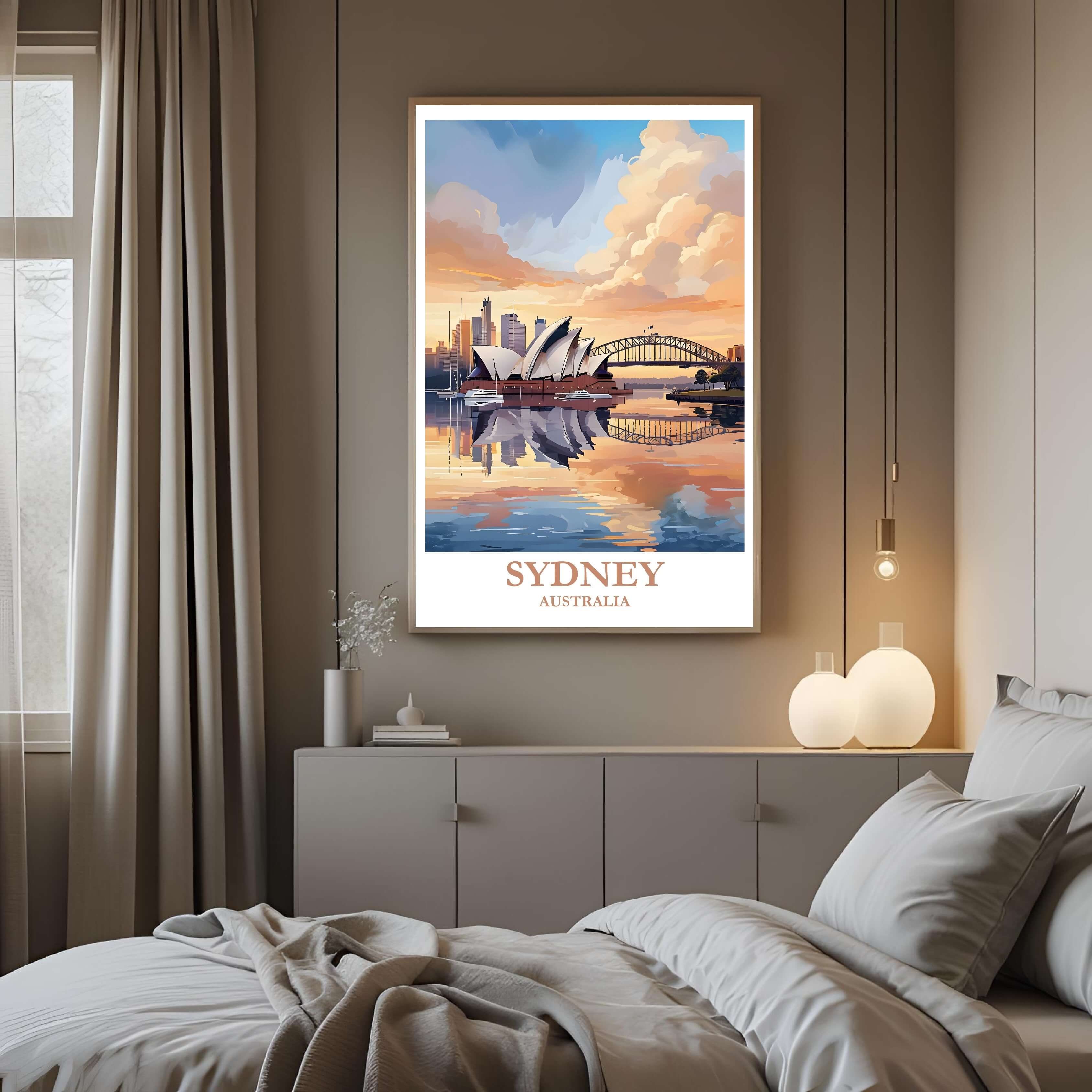 A framed art print of the Auckland skyline decorating a bedroom wall, creating a peaceful and luxurious atmosphere.