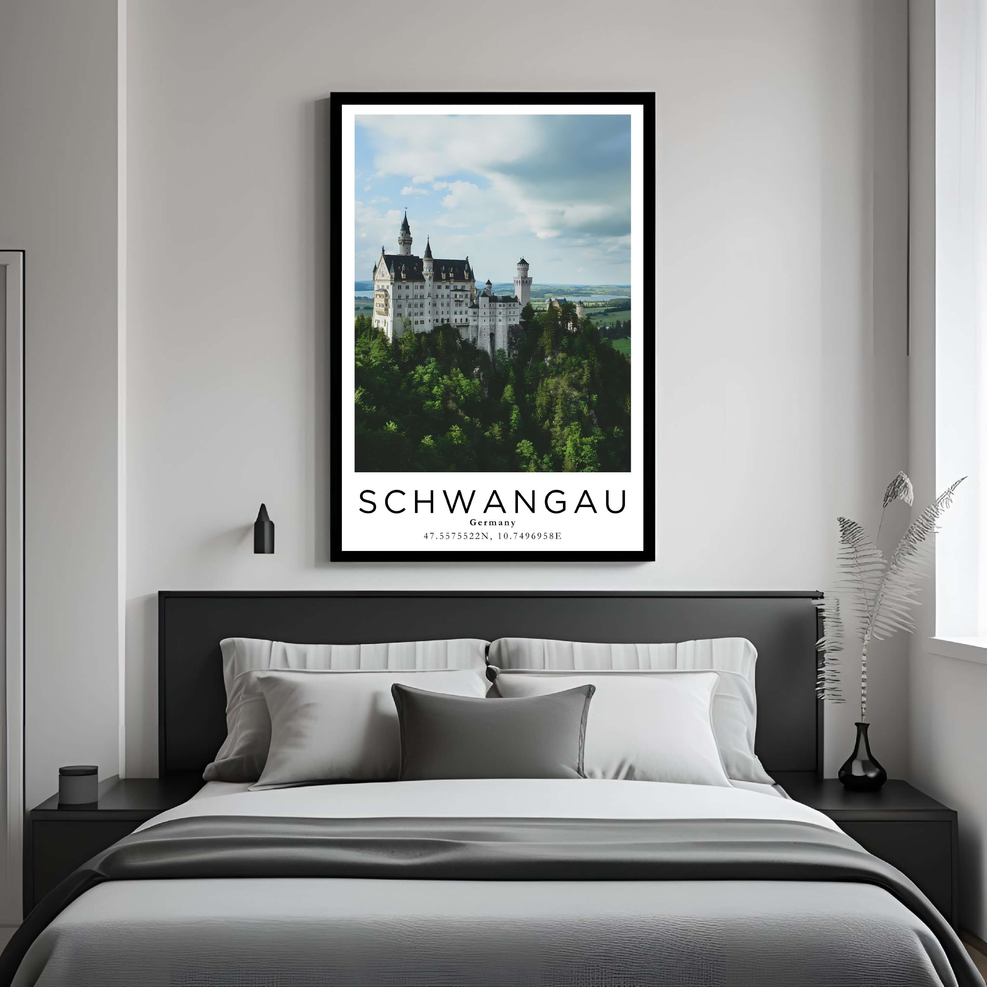 A framed art print of Neuschwanstein Castle decorating a bedroom wall, creating a serene and luxurious atmosphere.