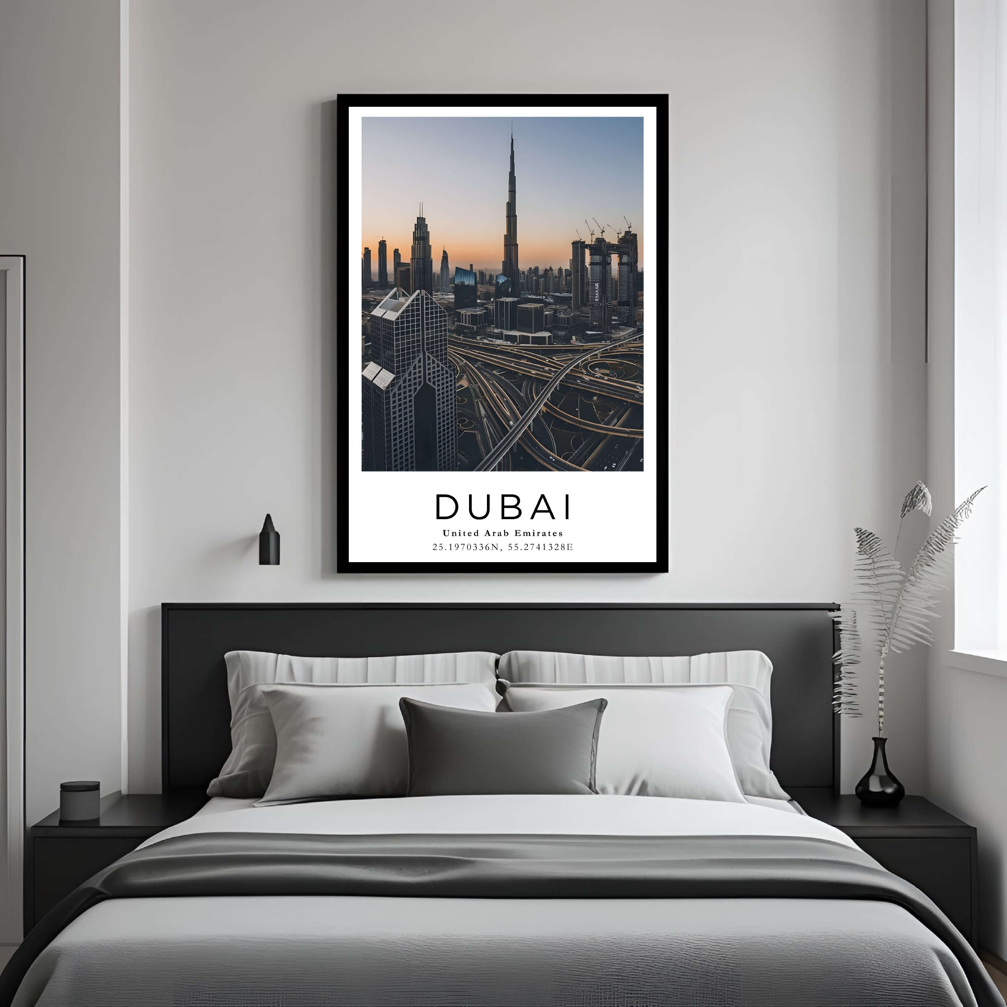 A framed art print of the Dubai skyline decorating a bedroom wall, creating a serene and luxurious atmosphere.