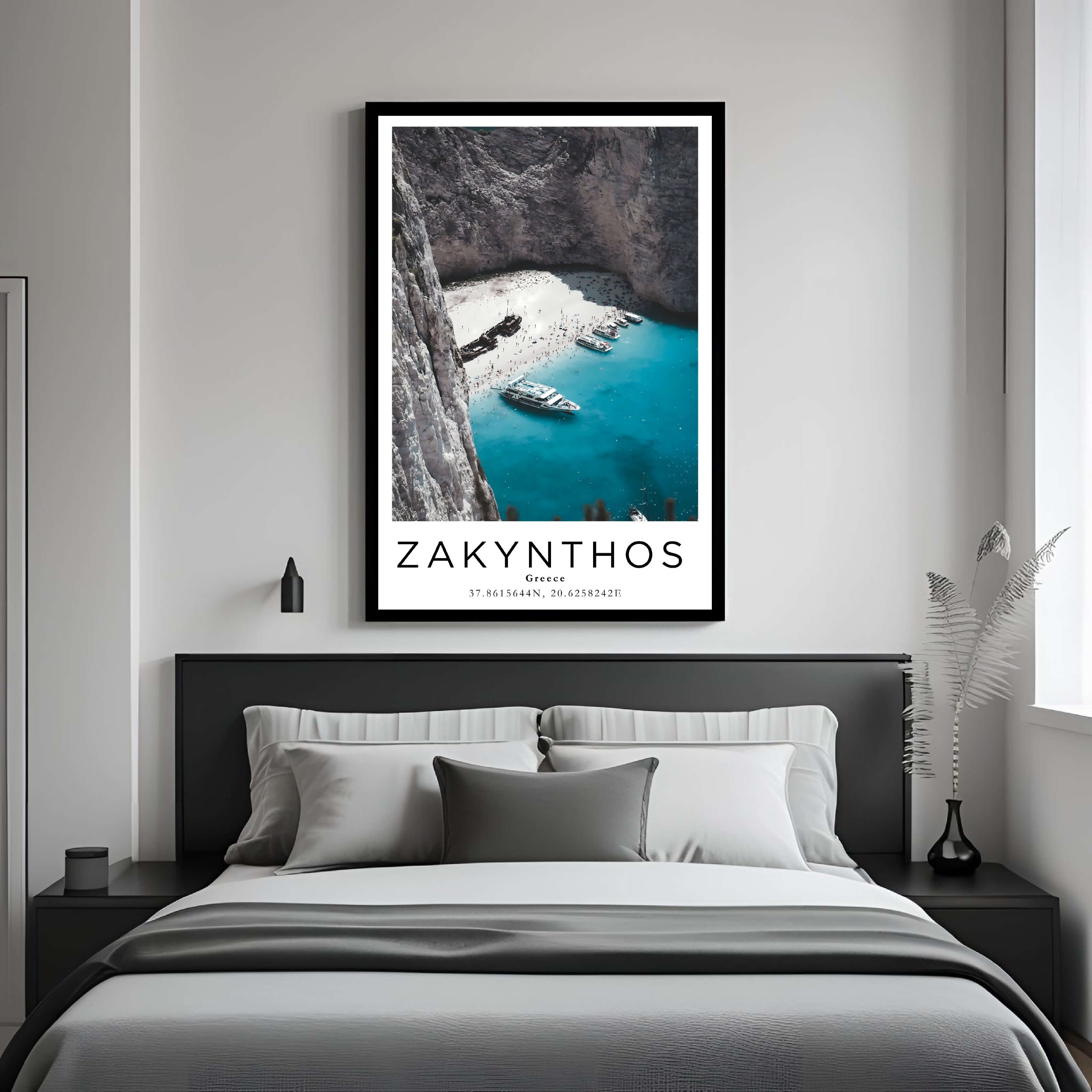 A framed art print of the Greek beach decorating a bedroom wall, creating a peaceful and luxurious atmosphere.