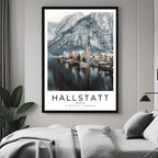 A framed art print of Hallstatt's beautiful landscape decorating a bedroom wall, creating a serene and luxurious atmosphere.