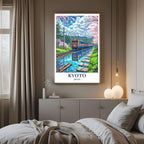 A framed art print of the Japanese landscape decorating a bedroom wall, creating a peaceful and luxurious atmosphere.