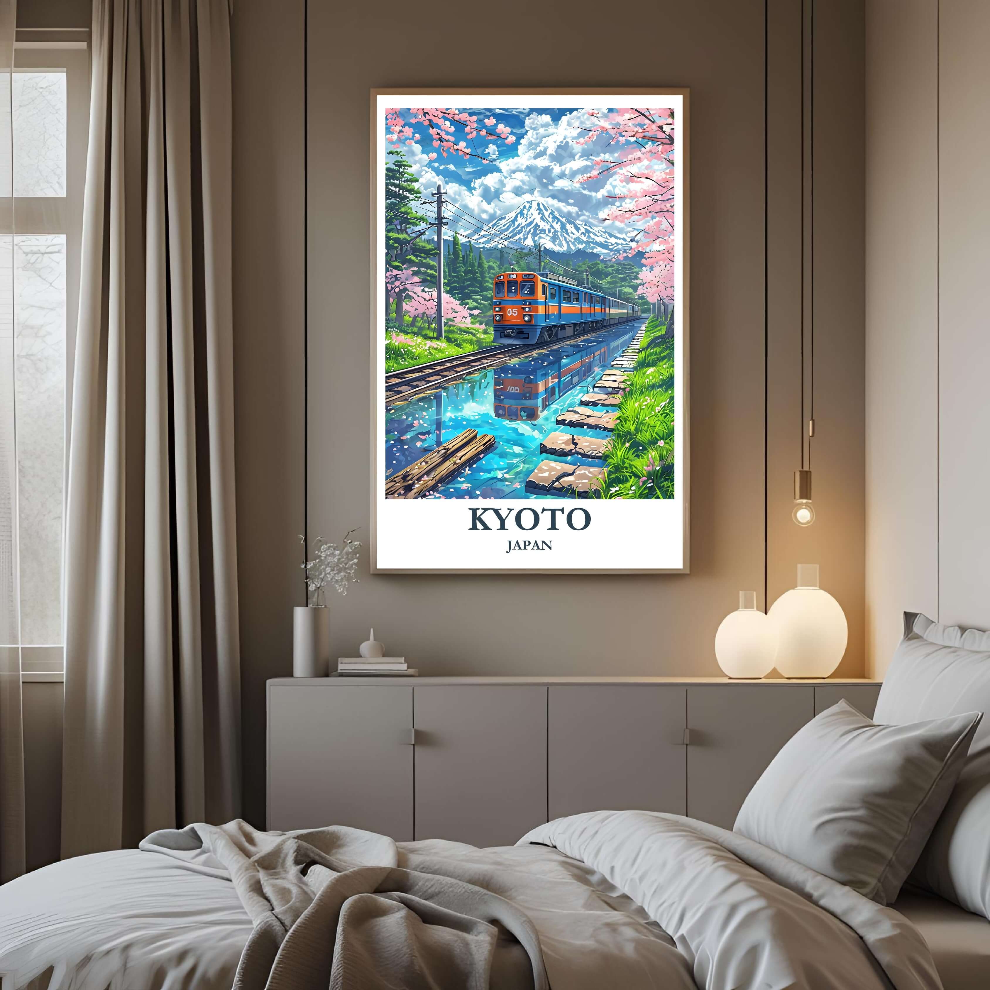 A framed art print of the Japanese landscape decorating a bedroom wall, creating a peaceful and luxurious atmosphere.