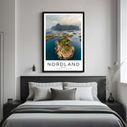 A framed art print of the Norwegian village decorating a bedroom wall, creating a peaceful and luxurious atmosphere.