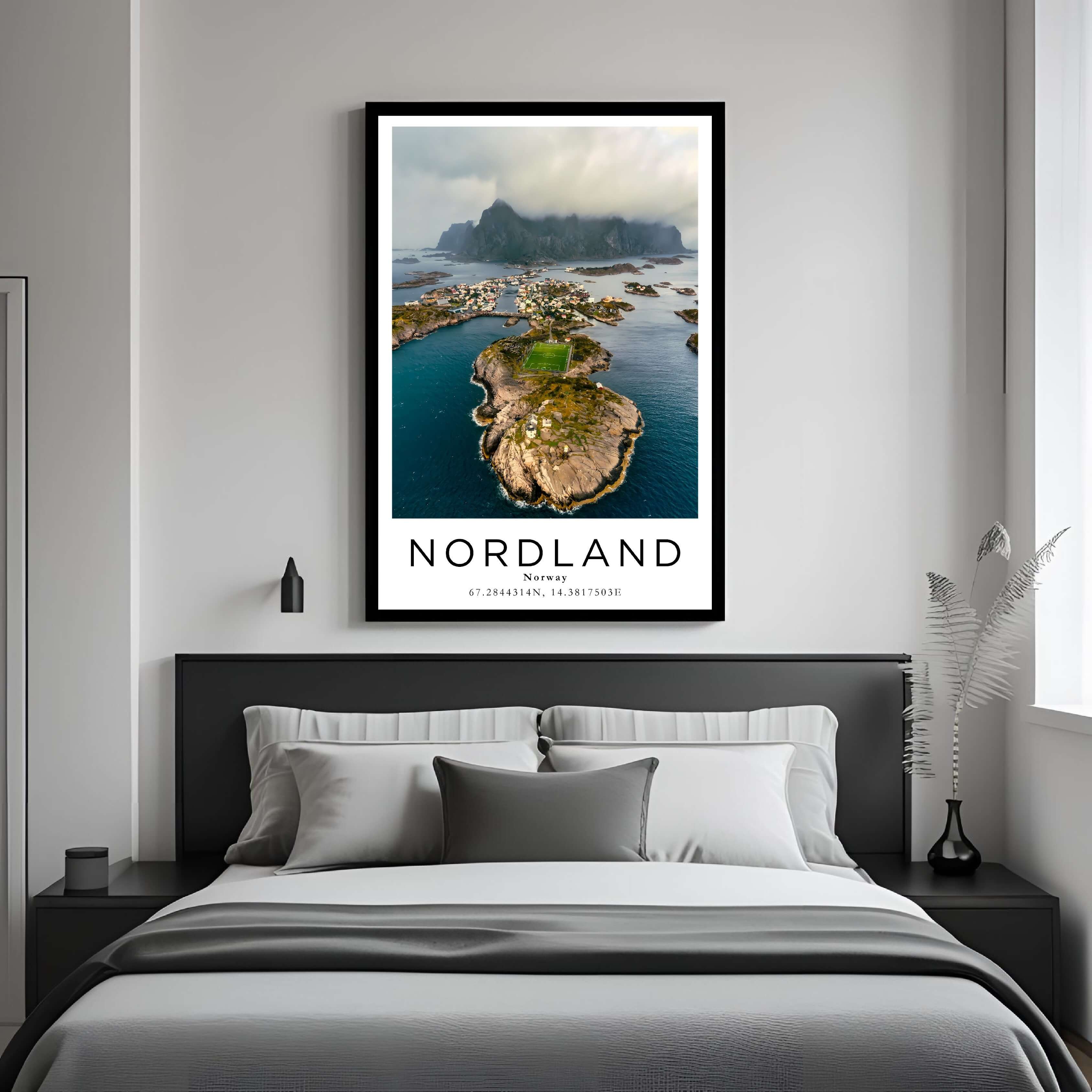 A framed art print of the Norwegian village decorating a bedroom wall, creating a peaceful and luxurious atmosphere.
