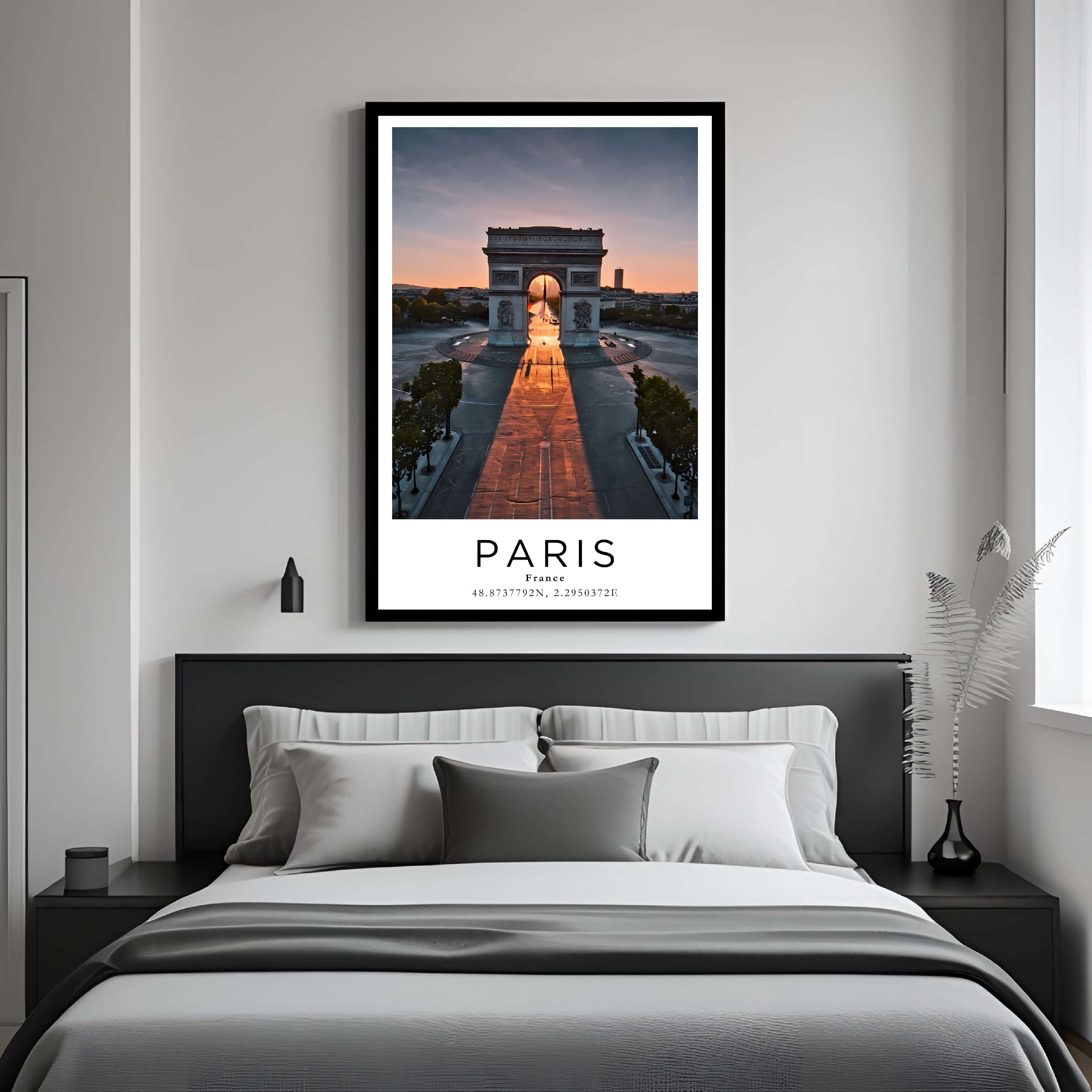 A framed art print of the Arc de Triomphe decorating a bedroom wall, creating a serene and romantic atmosphere.