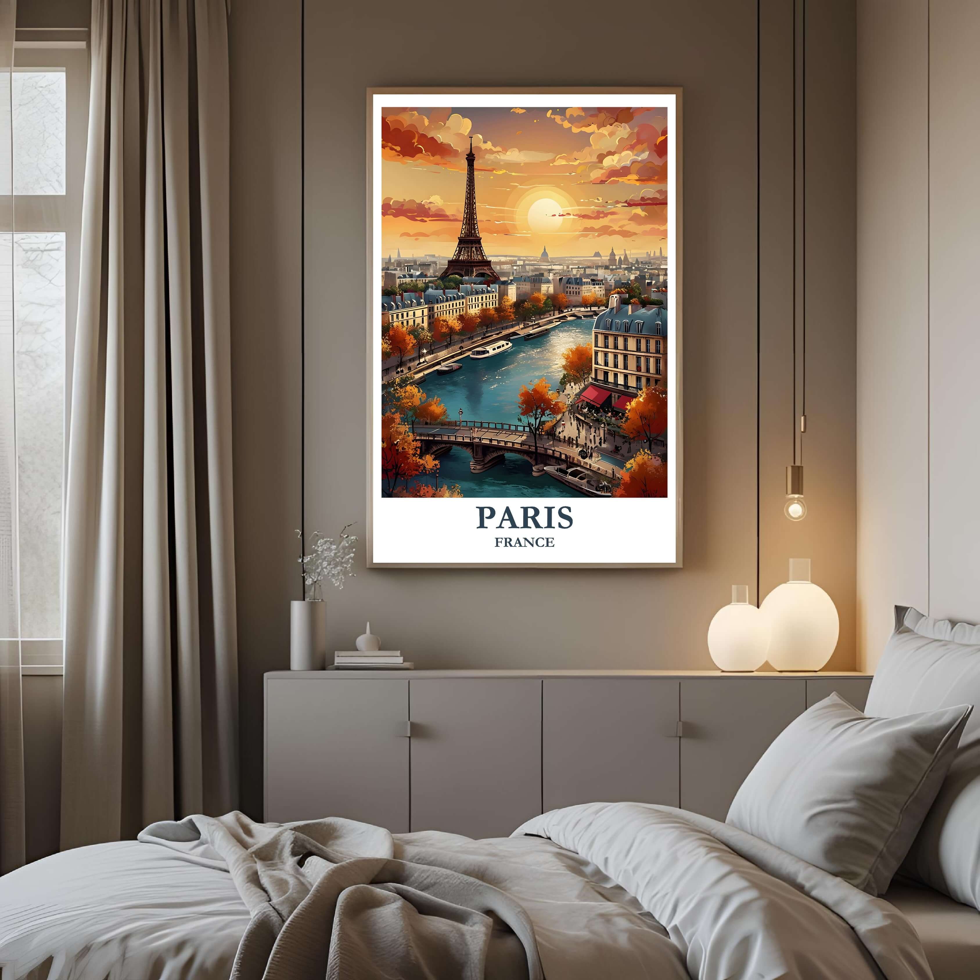  A framed art print of the Paris skyline decorating a bedroom wall, creating a peaceful and luxurious atmosphere.