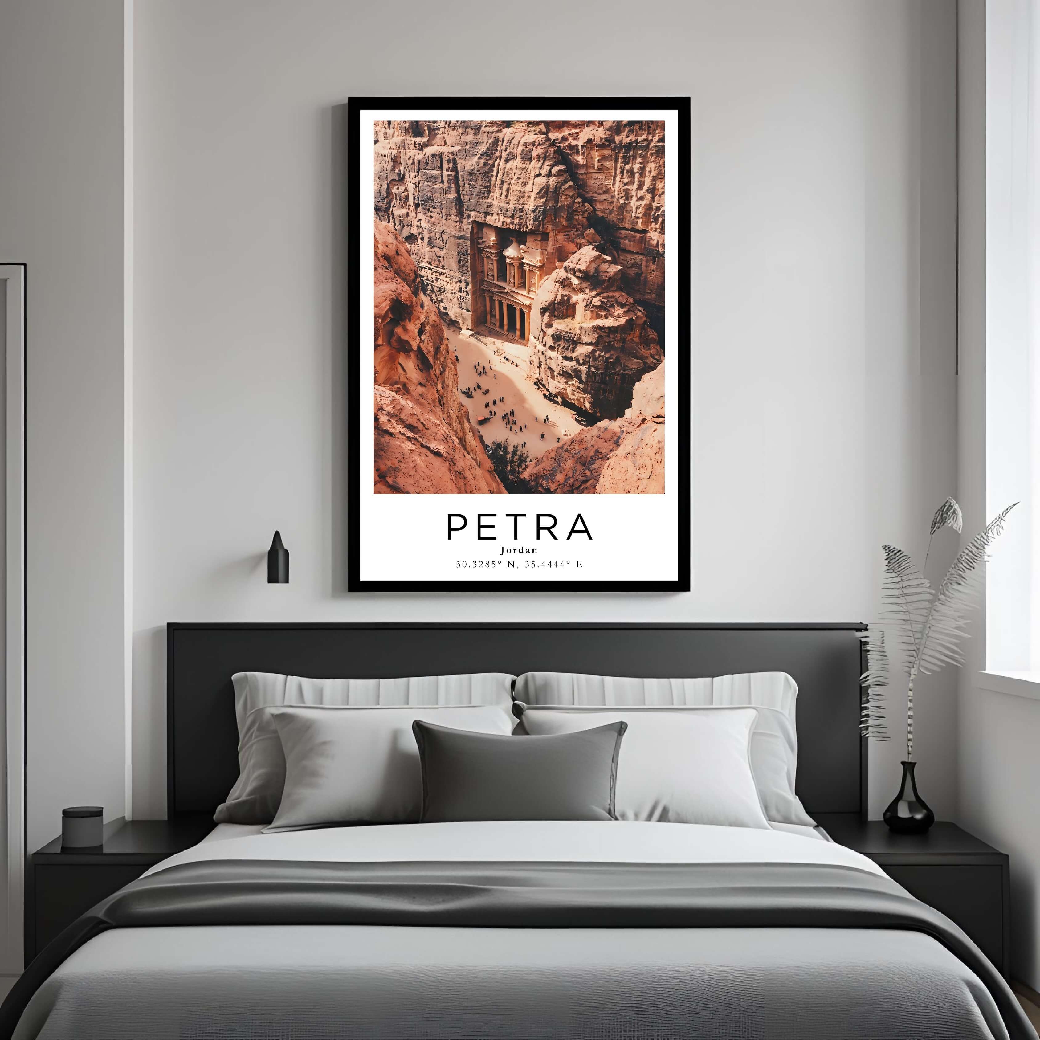 A framed art print of The Treasury decorating a bedroom wall, creating a serene and luxurious atmosphere.