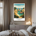 A framed art print of the Algarve coastline decorating a bedroom wall, creating a peaceful and luxurious atmosphere.
