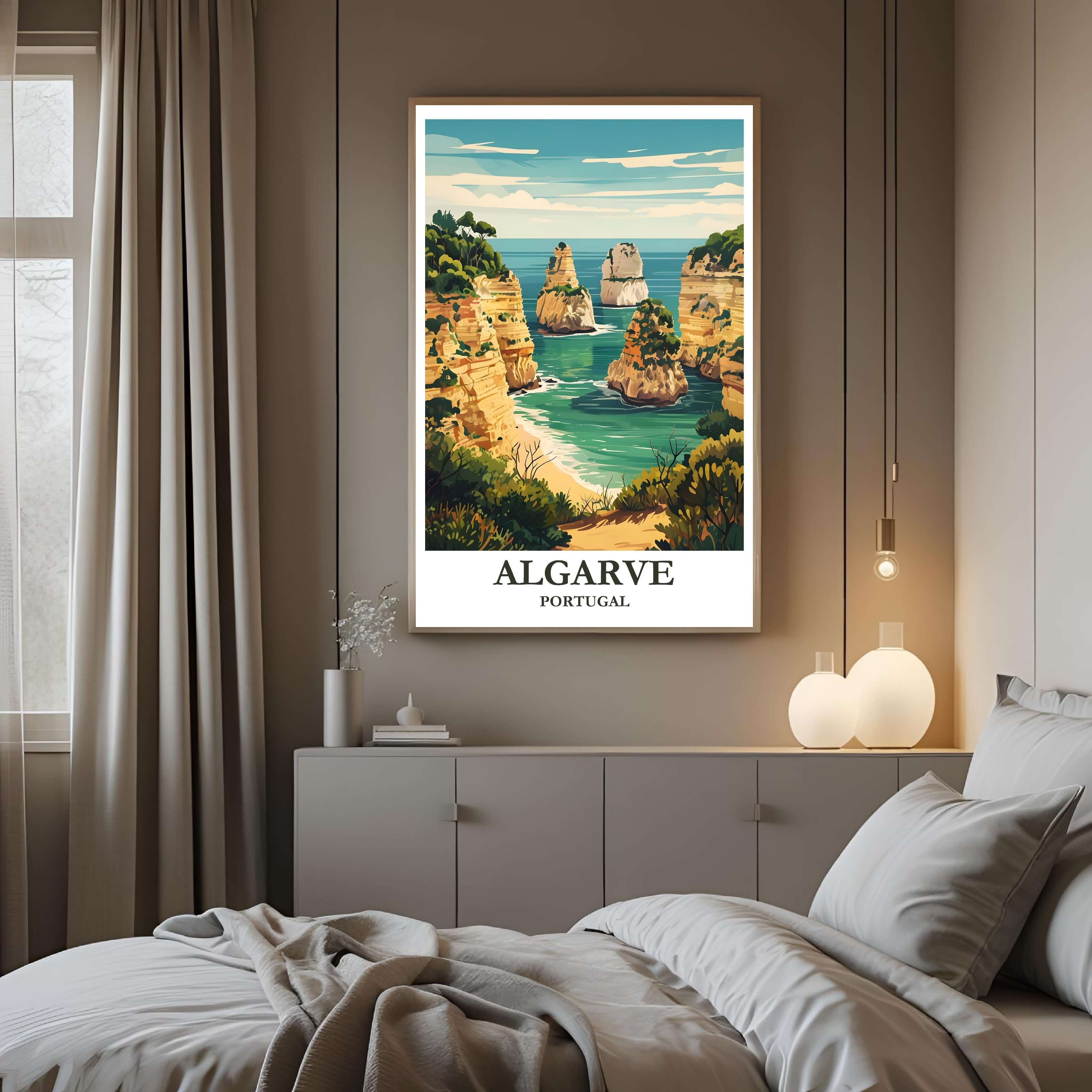 A framed art print of the Algarve coastline decorating a bedroom wall, creating a peaceful and luxurious atmosphere.
