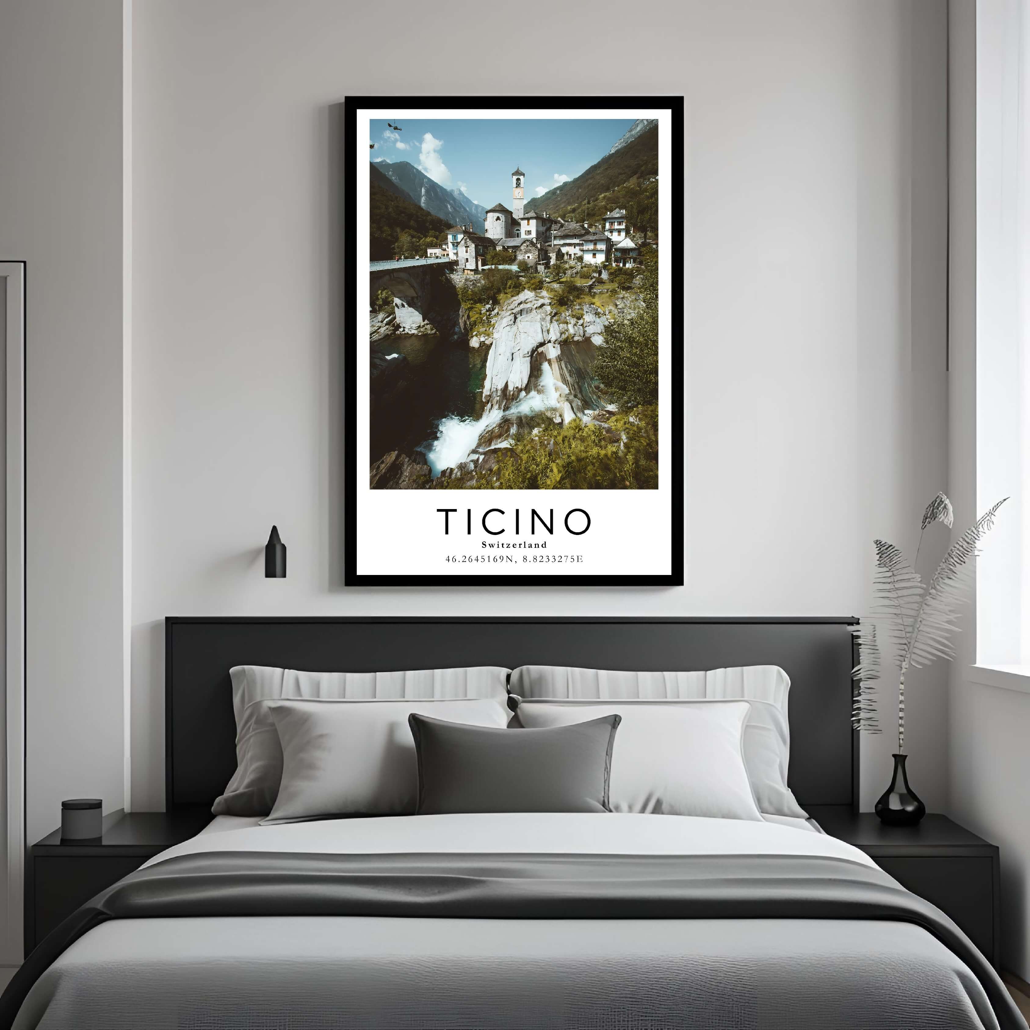 A framed art print of the Ticino village decorating a bedroom wall, creating a peaceful and luxurious atmosphere.