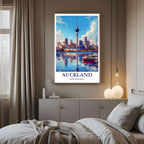 A framed art print of the Auckland skyline decorating a bedroom wall, creating a peaceful and luxurious atmosphere.