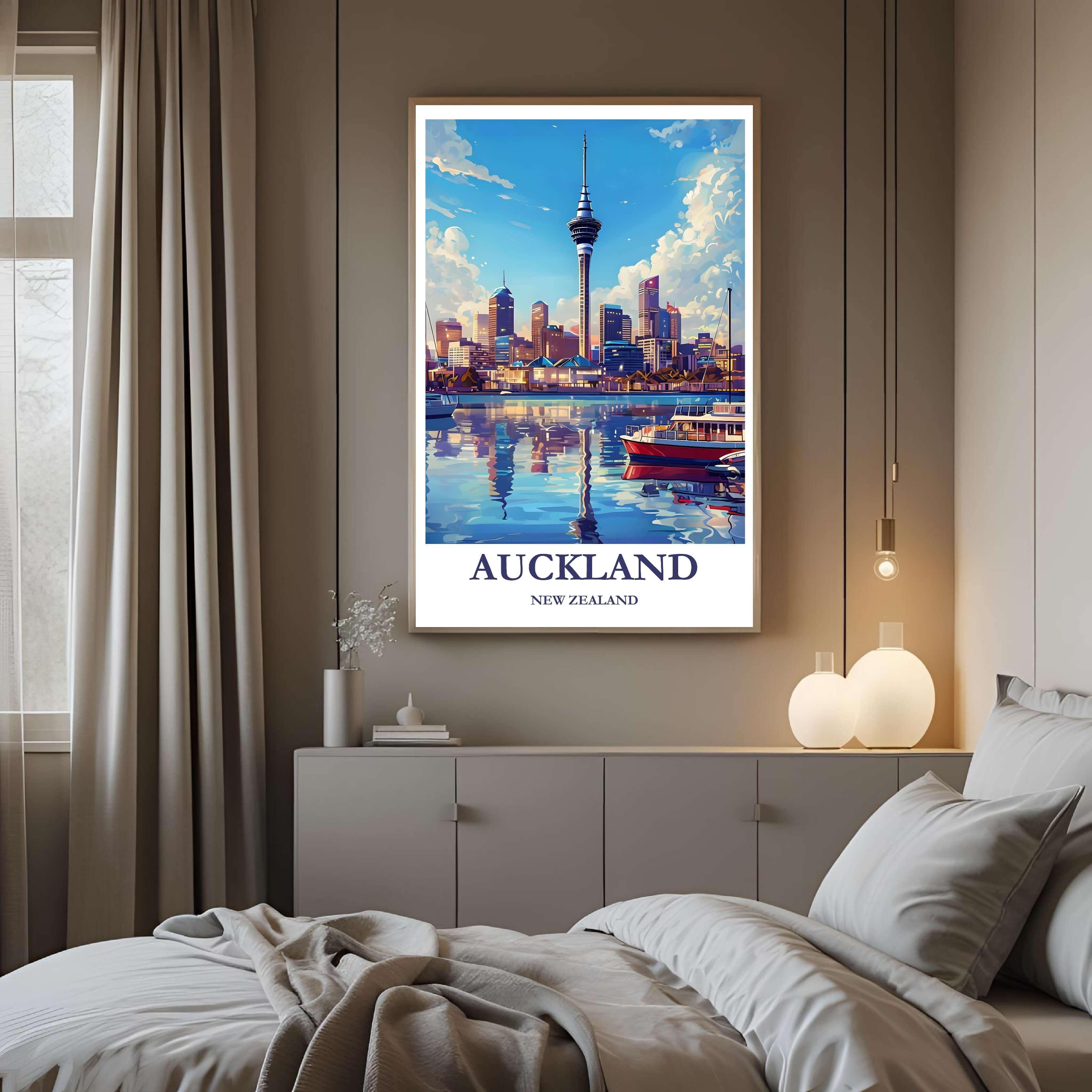 A framed art print of the Auckland skyline decorating a bedroom wall, creating a peaceful and luxurious atmosphere.