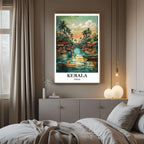 A framed art print of the Kerala scene decorating a bedroom wall, creating a peaceful, travel-inspired atmosphere.