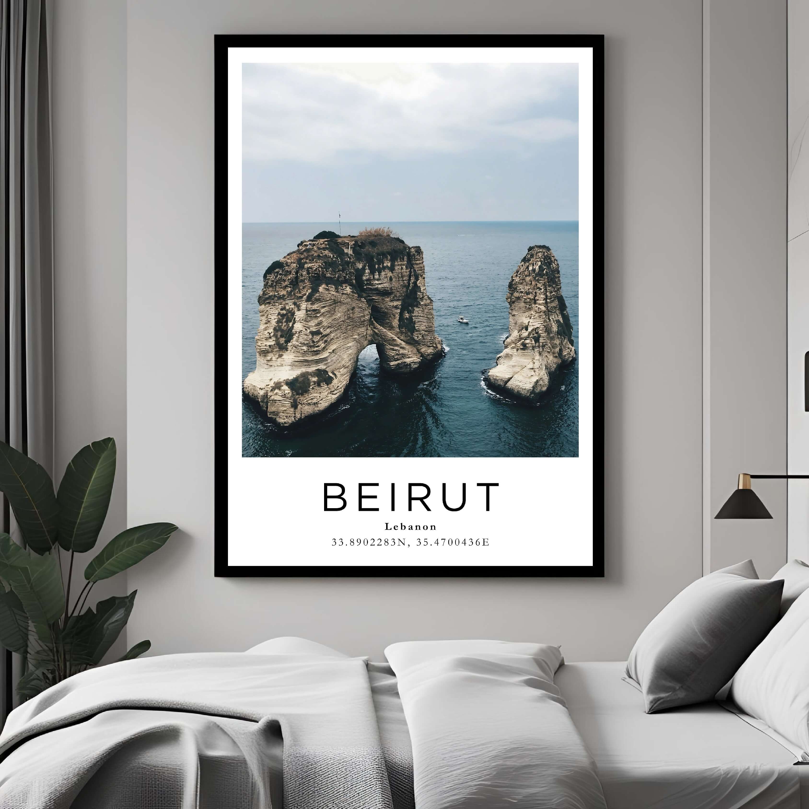 A framed art print of Beirut, Lebanon, with a minimalist design, decorating a bedroom wall to create a peaceful and stylish atmosphere.