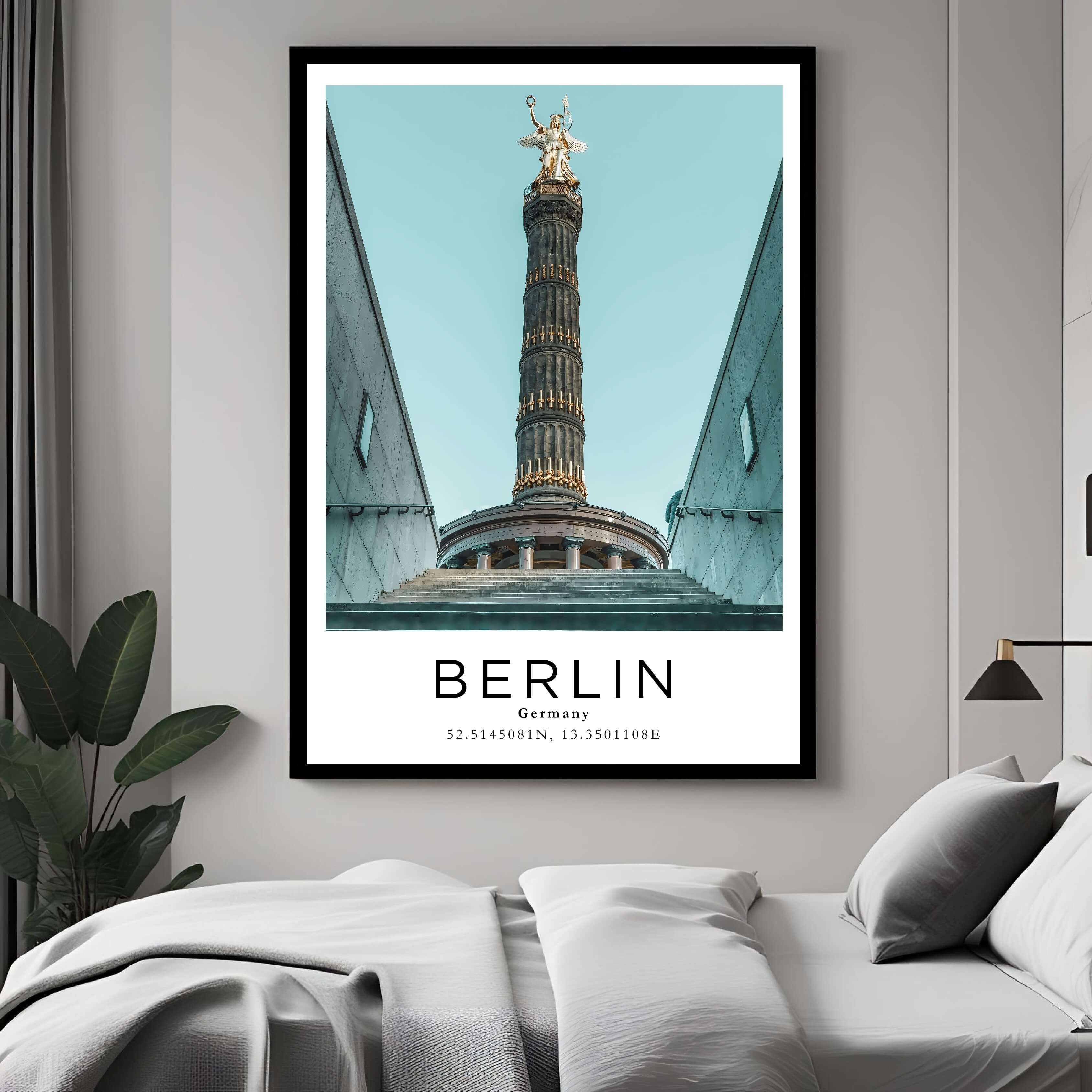 A framed art print of Berlin, Germany, with a minimalist design, decorating a bedroom wall to create a peaceful and stylish atmosphere.