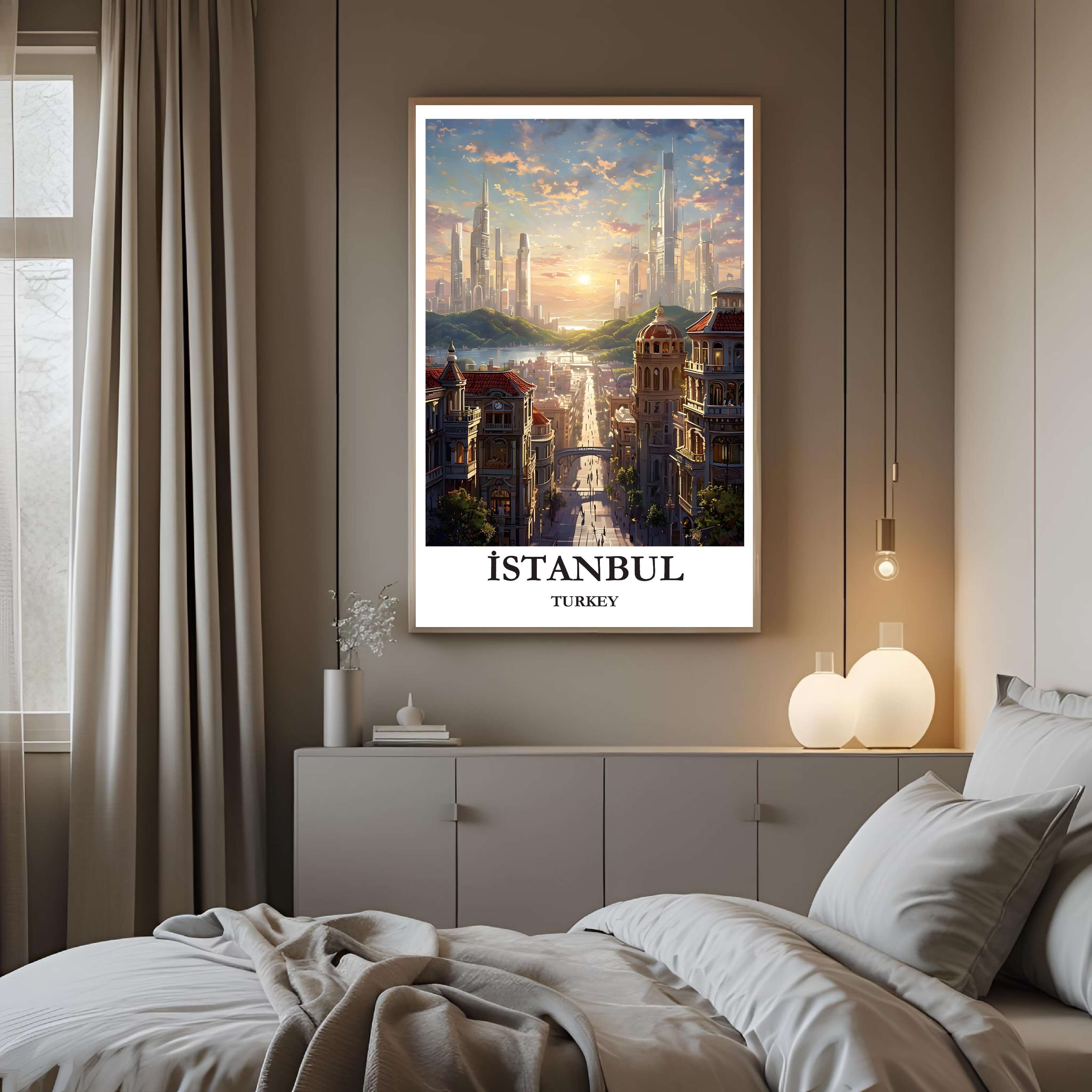 A framed art print of the Istanbul cityscape decorating a bedroom wall, creating a dynamic, travel-inspired atmosphere.