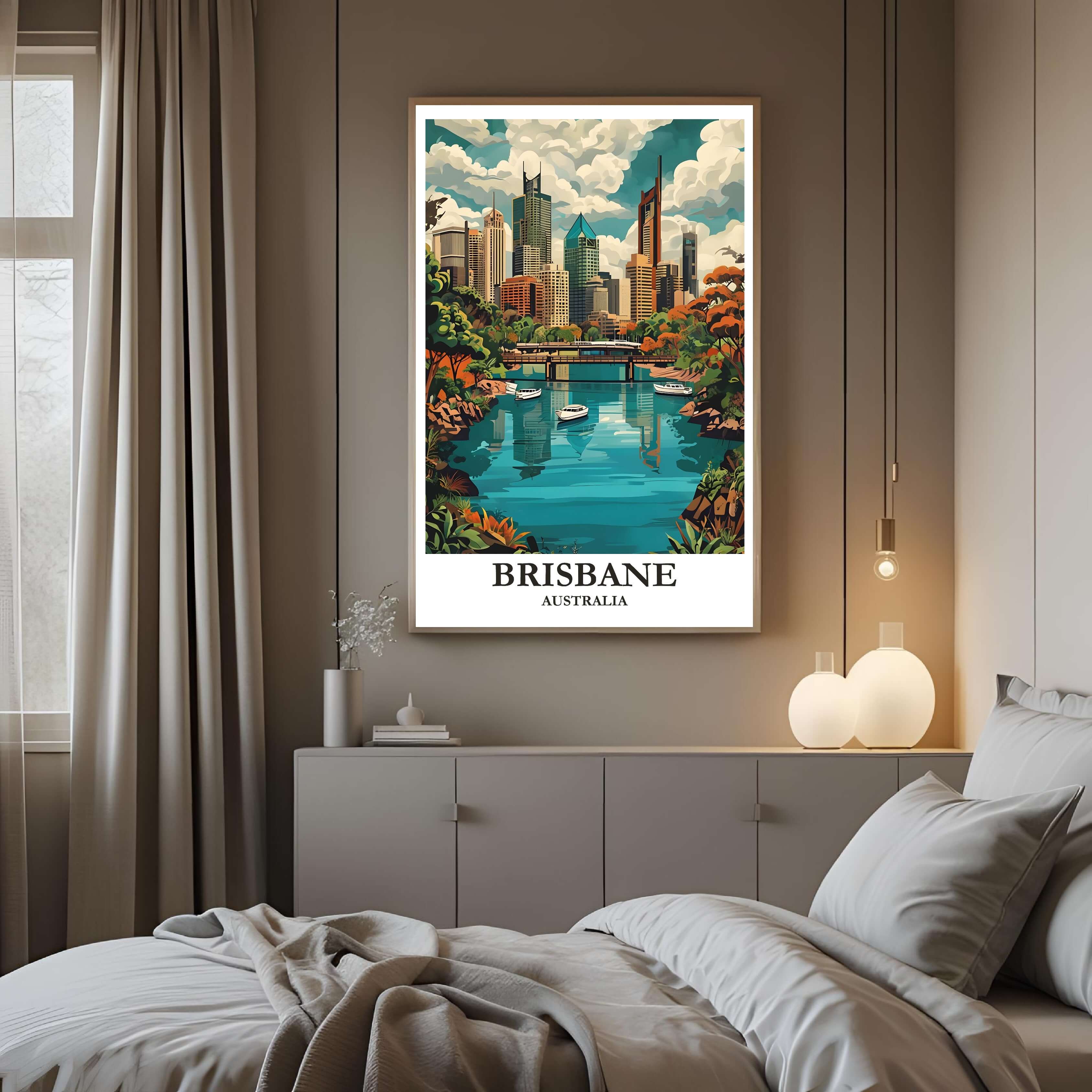 A framed art print of the Brisbane skyline decorating a bedroom wall, creating a peaceful, travel-inspired atmosphere.