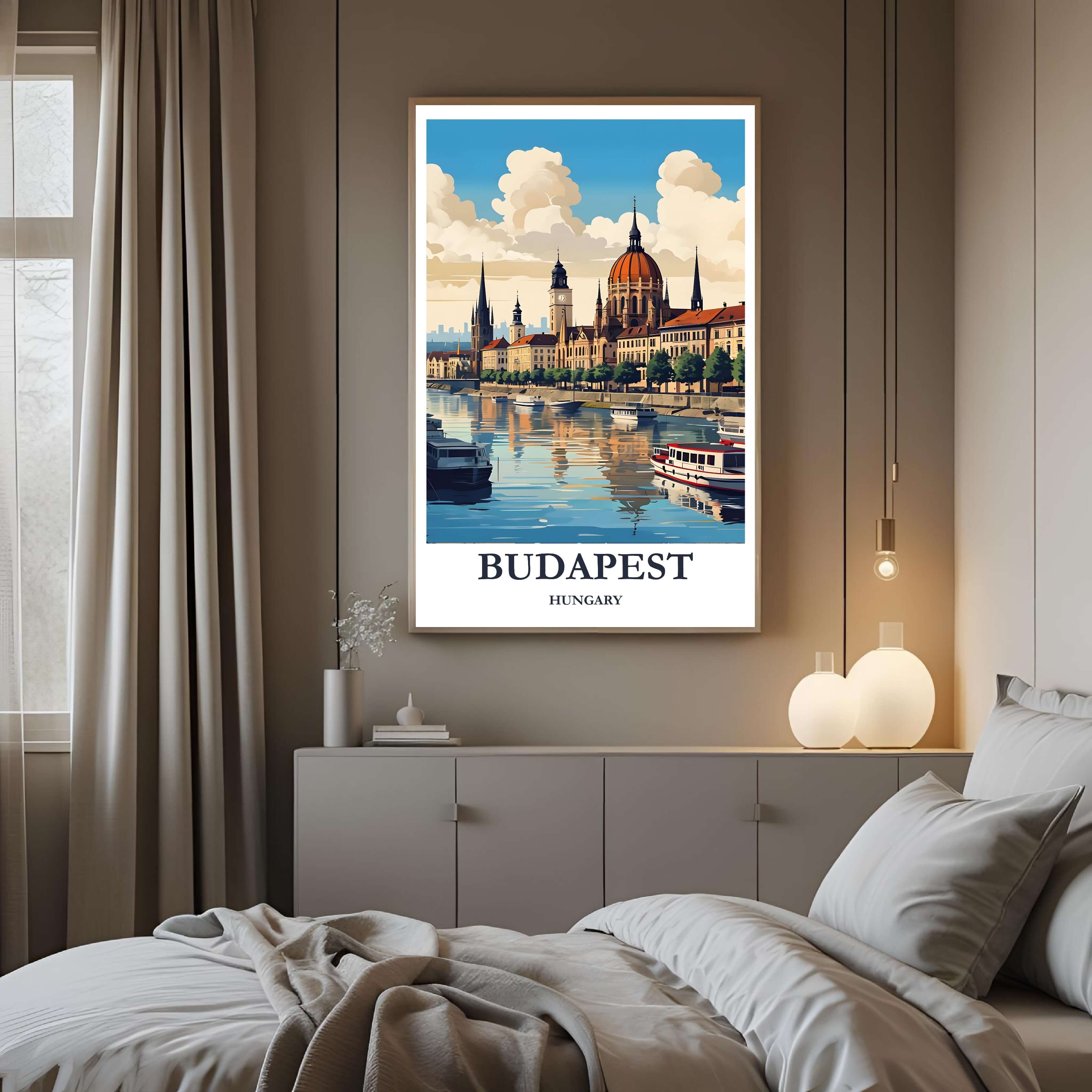 A framed art print of the Budapest cityscape decorating a bedroom wall, creating a peaceful, travel-inspired atmosphere.