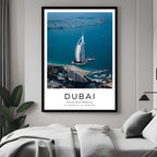 A framed art print of the Burj Al Arab hotel decorating a bedroom wall, creating a serene and luxurious atmosphere.