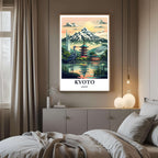 A framed art print of the Kyoto landscape decorating a bedroom wall, creating a peaceful, travel-inspired atmosphere.
