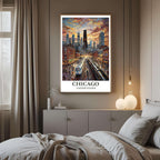 A framed art print of the Chicago cityscape decorating a bedroom wall, creating a peaceful, travel-inspired atmosphere.