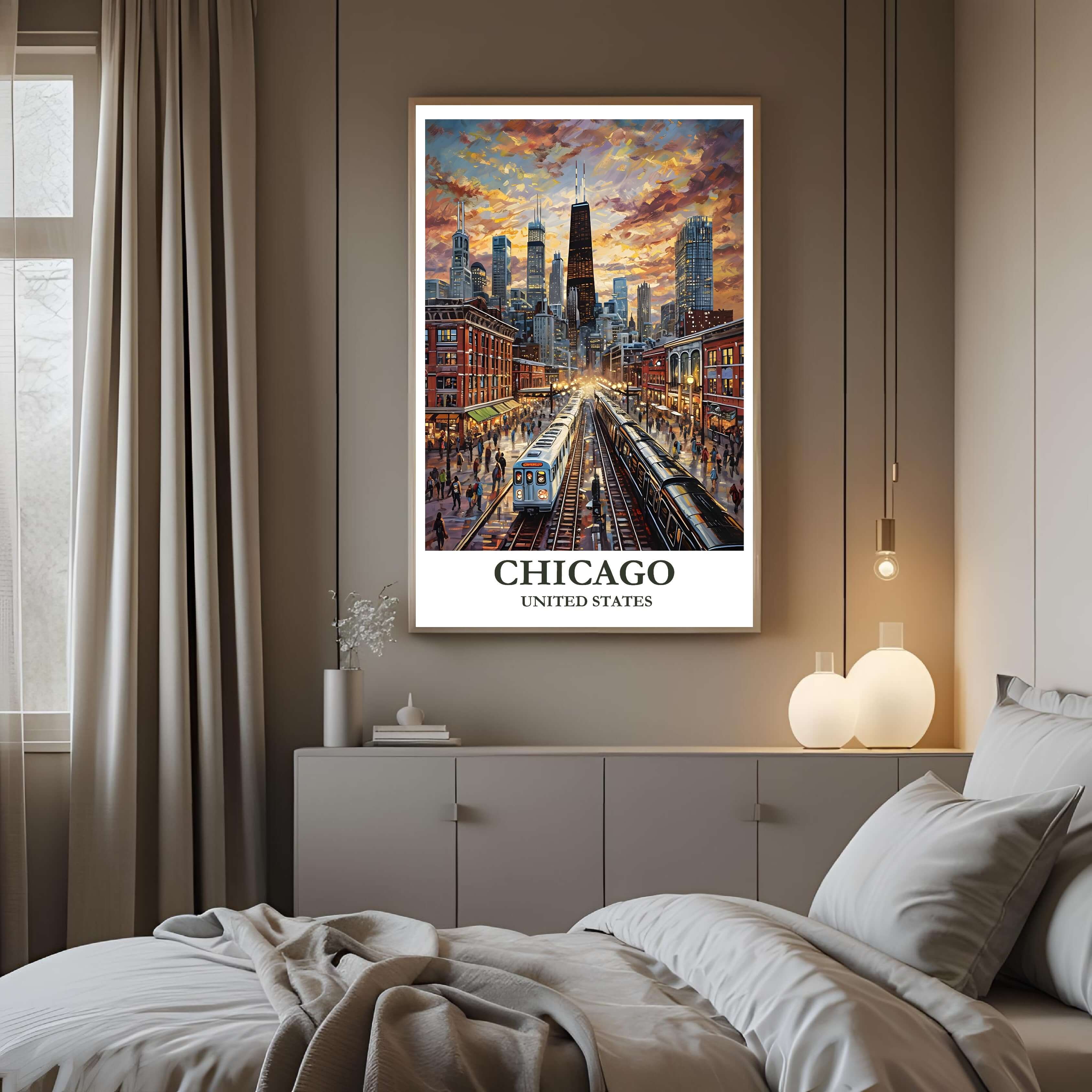 A framed art print of the Chicago cityscape decorating a bedroom wall, creating a peaceful, travel-inspired atmosphere.