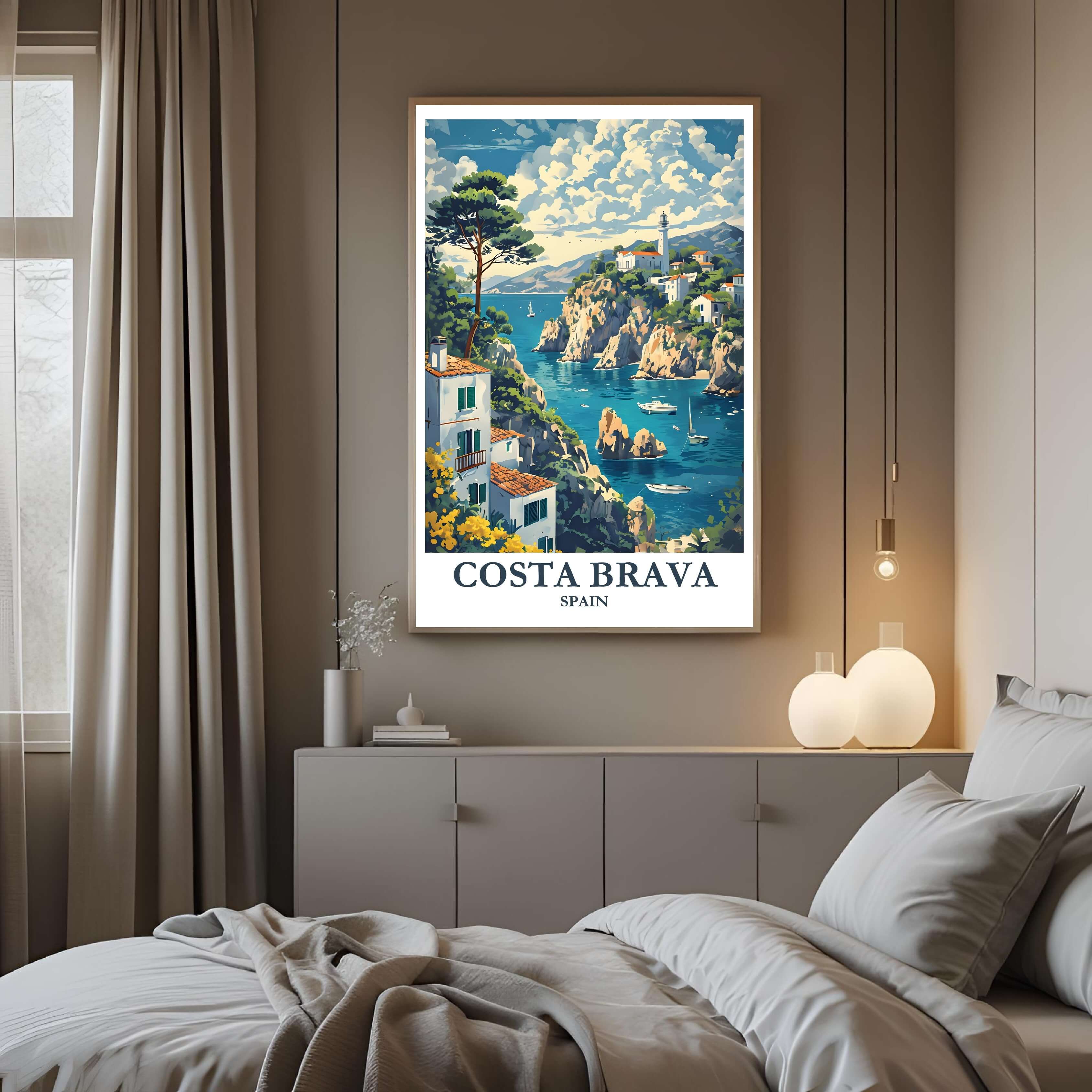 A framed art print of the Costa Brava coast decorating a bedroom wall, creating a peaceful, travel-inspired atmosphere.