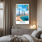 A framed art print of the Dubai skyline decorating a bedroom wall, creating a peaceful, travel-inspired atmosphere.