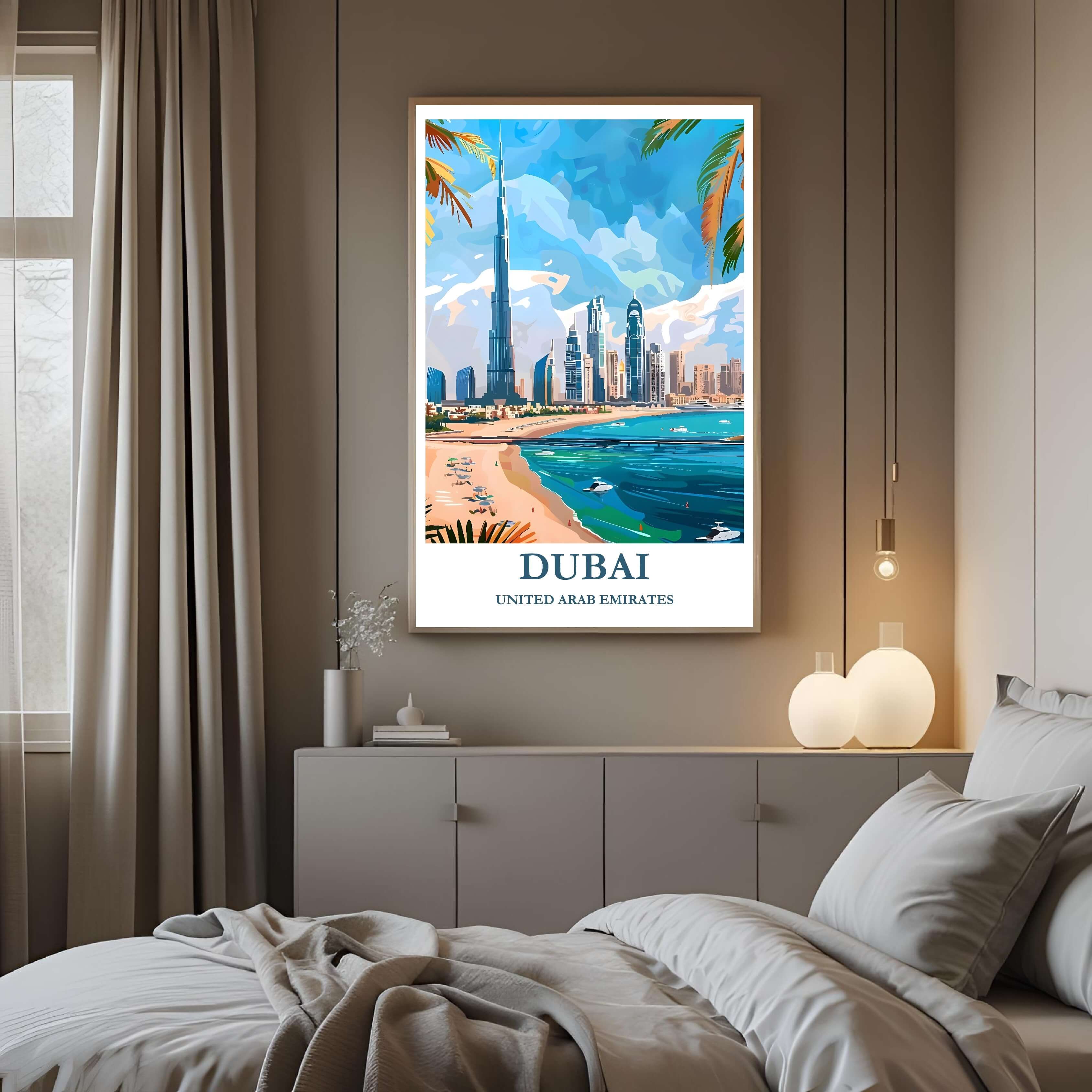 A framed art print of the Dubai skyline decorating a bedroom wall, creating a peaceful, travel-inspired atmosphere.