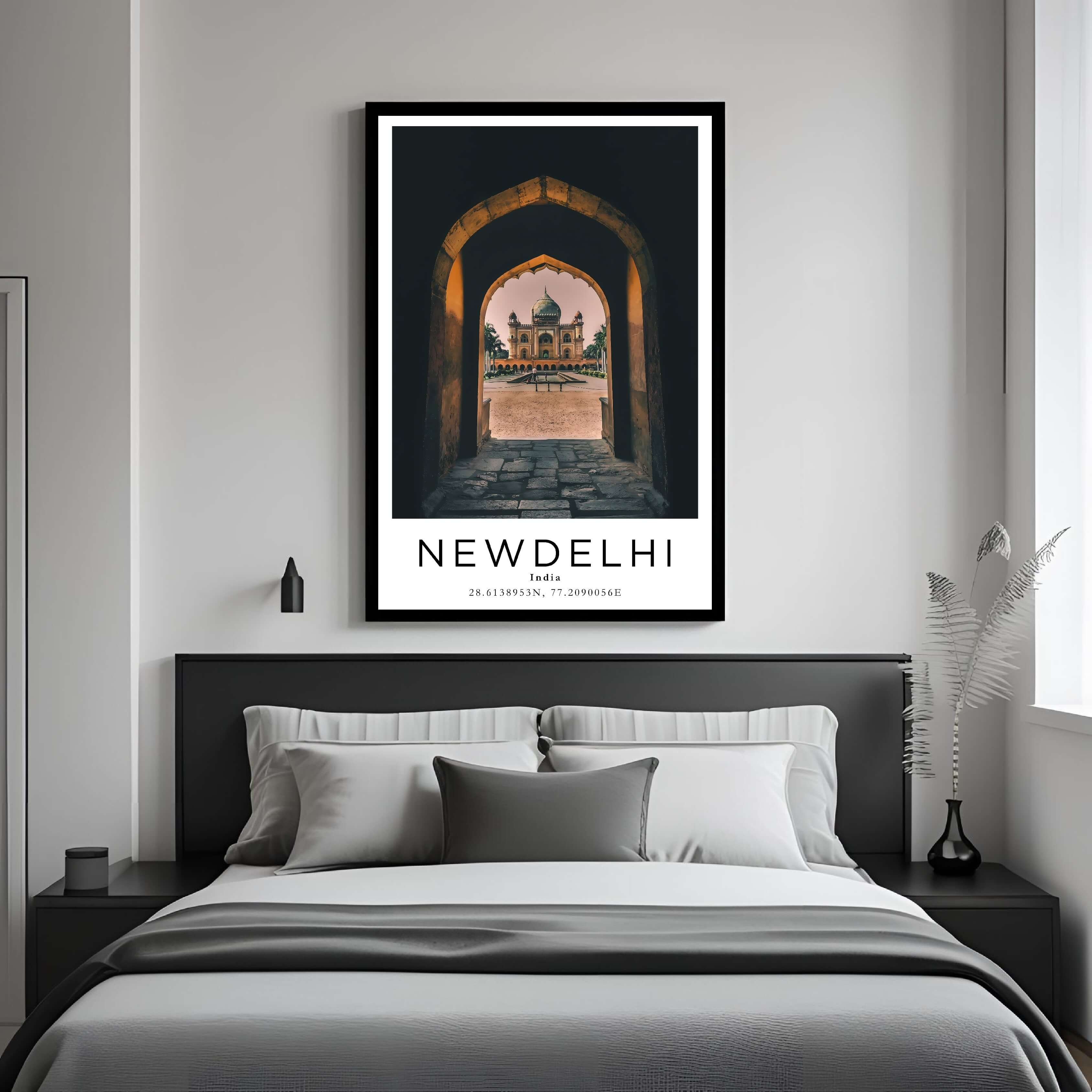 A framed art print of Humayun's Tomb decorating a bedroom wall, creating a peaceful and luxurious atmosphere.