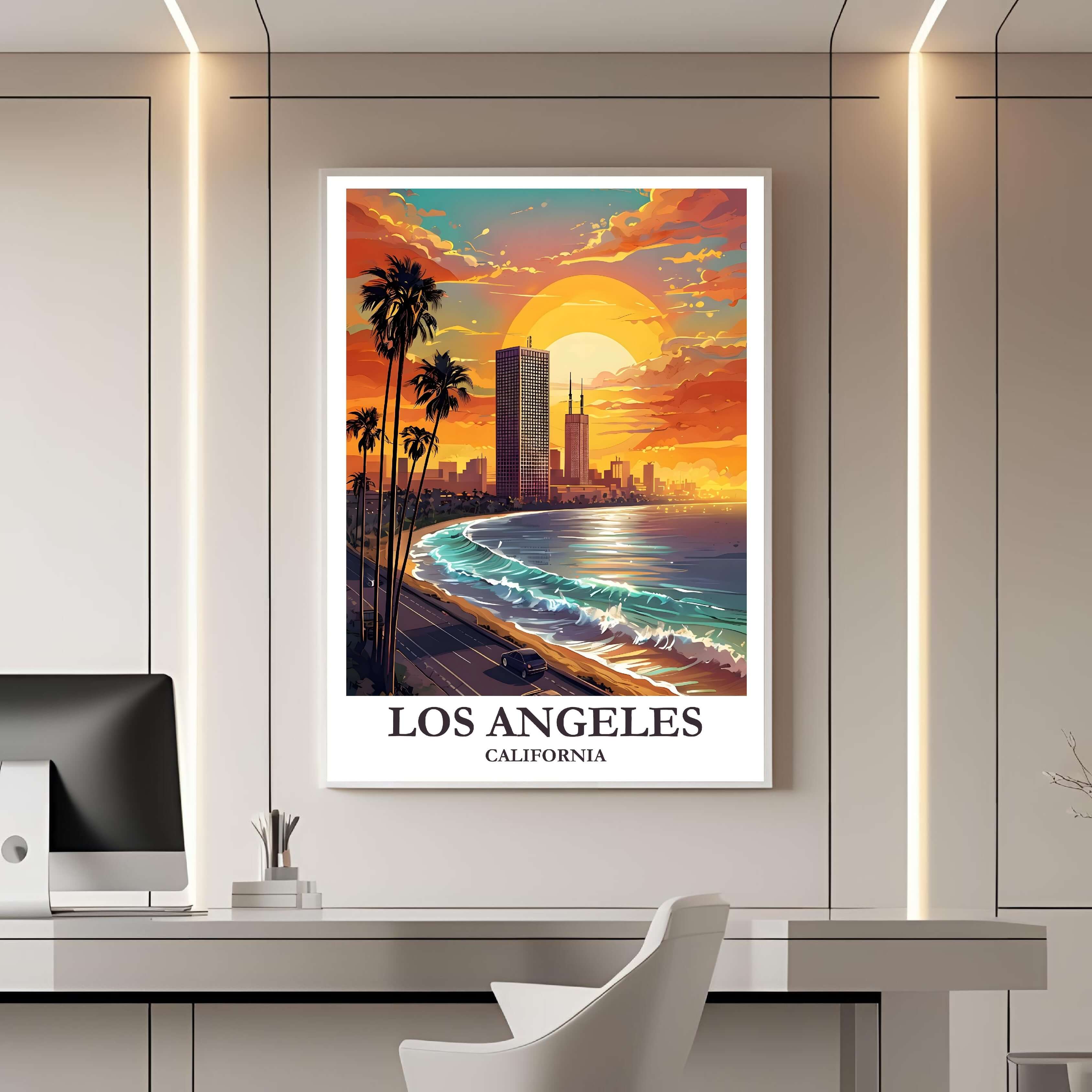 A framed art print of the LA coastline decorating a bedroom wall, creating a peaceful, travel-inspired atmosphere.